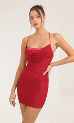 Mesh Ruched Bodycon Dress In Red
