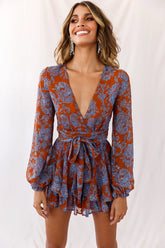 Maddox Fit & Flare Long Sleeve Floral Romper Tan