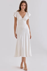 Ivory Real Silk V-Neck Midi Tea Dress