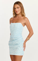 Rachel Mini Dress - Strapless Corset Bodice Draped Skirt Dress In Ice Blue