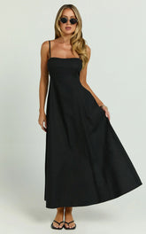 Linen Straight Neck Strappy Fit And Flare Dress In Black