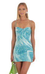Bodycon Dress In Teal Blue Swirl Print