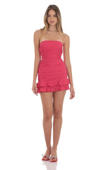 Strapless Ruched Bodycon Dress In Deep Pink