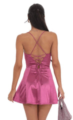 Satin Fit And Flare Dress In Magenta