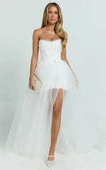 Kelsey Mini Dress Beaded Strapless Corset Panel Dress With Detachable Tulle Skirt In White