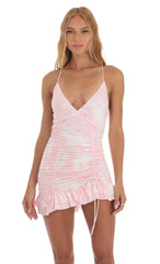 Side Ruched Dress In Pink Swirl