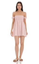 Striped Smocked Off Shoulder Dress In Pink