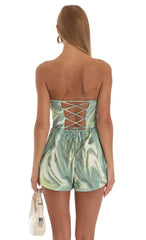 Strapless Romper In Green Swirl
