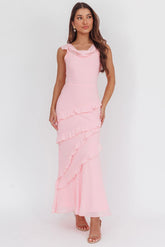 Sangria Cowl Neck Frill Maxi Dress Skin Powder