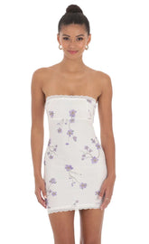 Floral Lace Strapless Bodycon Dress In White