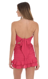 Strapless Ruched Bodycon Dress In Deep Pink