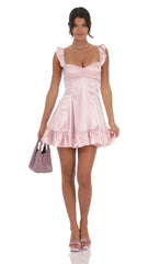 Satin Ruffle Fit And Flare Dress In Pink
