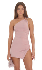 Ruched One Shoulder Mini Dress In Rose Pink