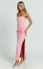 Strapless Draped Side Split Dress In Pink