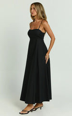 Linen Straight Neck Strappy Fit And Flare Dress In Black