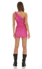 One Shoulder Ruffle Dress In Pink