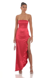 Satin Corset Maxi Dress In Red