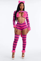 Sexy Wonderland Cheshire Cat 4 Piece Costume Set - Pink/Combo