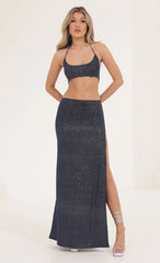 Glitter Tummy Cutout Maxi Dress In Navy
