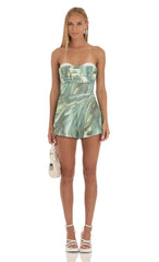 Strapless Romper In Green Swirl