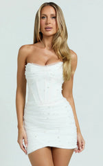Kelsey Mini Dress Beaded Strapless Corset Panel Dress With Detachable Tulle Skirt In White