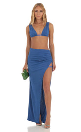 Rhinestone Two Piece Maxi Skirt Set In Blue