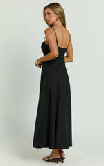 Linen Straight Neck Strappy Fit And Flare Dress In Black