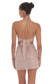 Sequin Ruffle Halter Bodycon Dress In Mauve