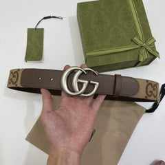 Gg Belt 40Mm Silver Buckle Beige Canvas