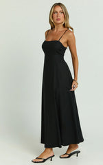 Linen Straight Neck Strappy Fit And Flare Dress In Black