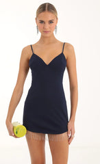 Crepe Rhinestone Trim Bodycon Dress In Navy