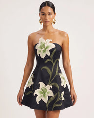 Lily Floral Print Strapless A-Line Mini Dress - Black