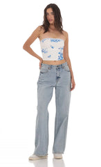 Strapless Floral Top In White