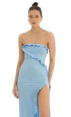 Strapless Satin Maxi Dress In Blue