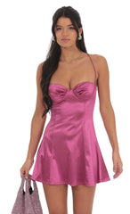 Satin Fit And Flare Dress In Magenta