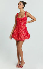Sienna Mini Dress - 3D Floral Fit And Flare Dress In Red