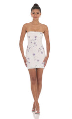Floral Lace Strapless Bodycon Dress In White