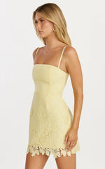Maisie Mini Dress - Broderie Cut Out Border Hem Dress In Lemon