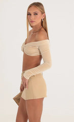 Velvet Off The Shoulder Top In Nude