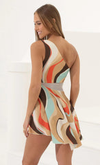 One Shoulder Mesh Cutout Dress In Swirl Print