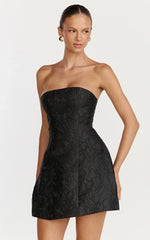 Rosalie Mini Dress - Strapless Jacquard Floral Mini Dress In Black