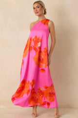 No Introduction Pink Multi Floral Print Satin One Shoulder Maxi Dress