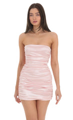 Satin Ruched Back Bow Dress In Pink