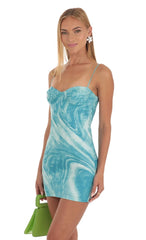 Bodycon Dress In Teal Blue Swirl Print