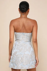 Aesthetic Pose Slate Blue And Gold Jacquard Strapless Mini Dress
