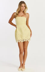 Maisie Mini Dress - Broderie Cut Out Border Hem Dress In Lemon