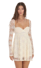 Long Sleeve Lace Babydoll Dress In Cream