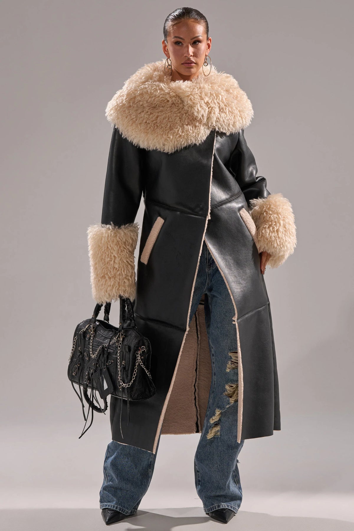 She Got It Fluffy Pu Trench With Bonded Sherpa