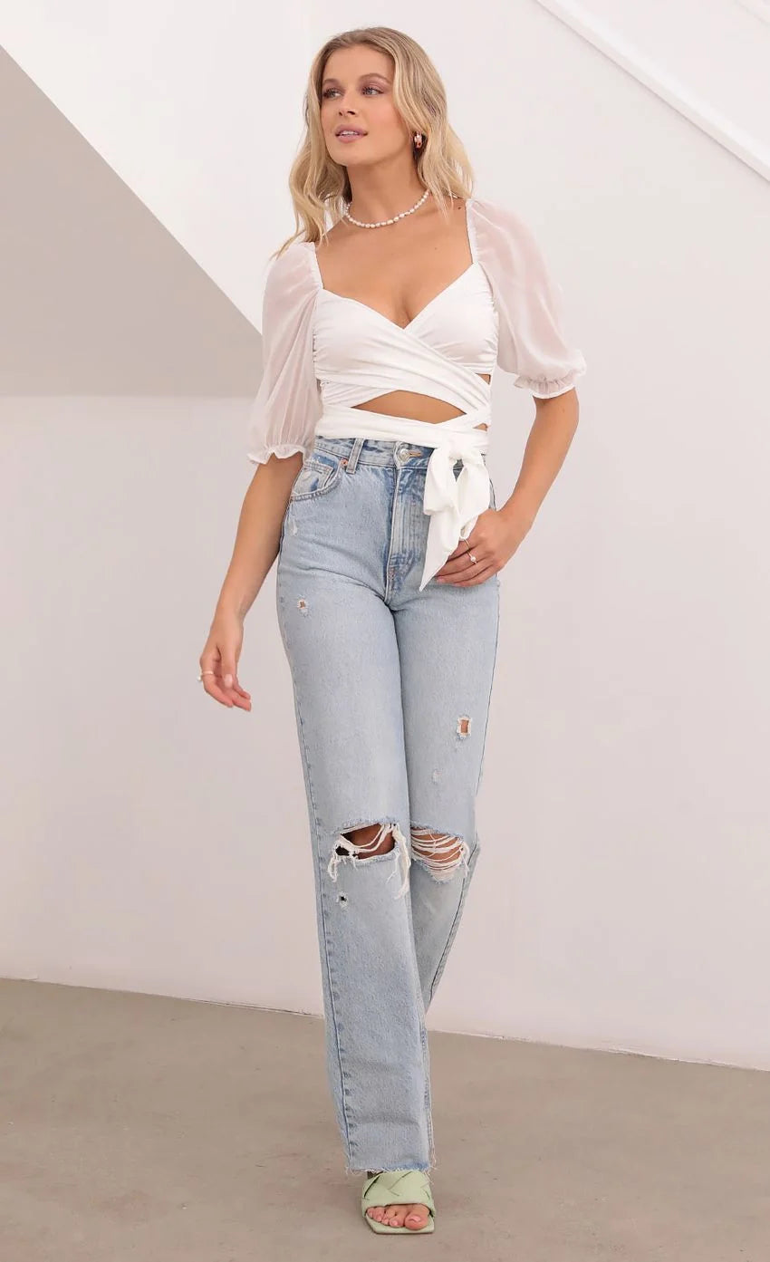 Aliah Puff Chiffon Wrap Top In White