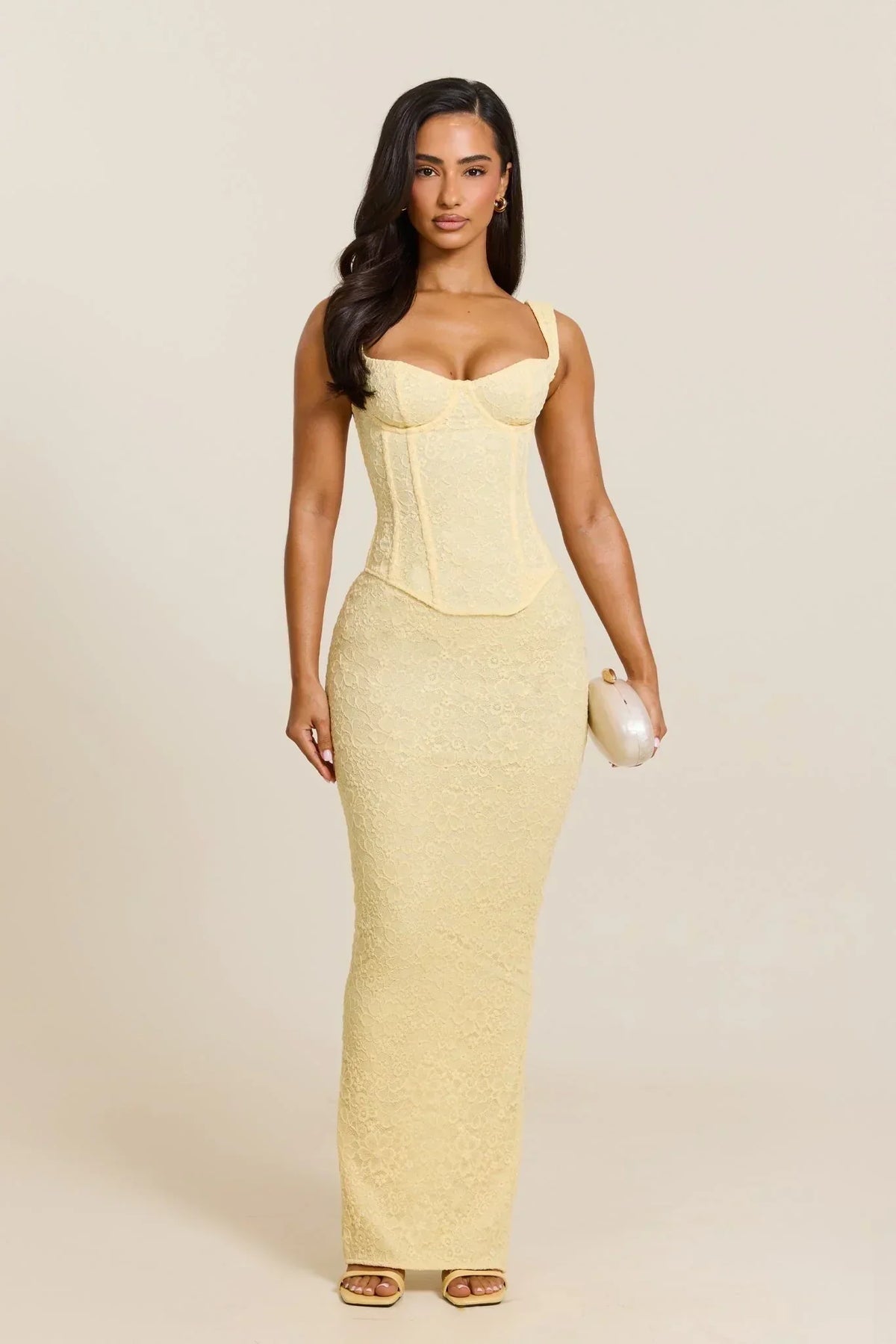 The Cinched Lace Corset Maxi Set In Yellow
